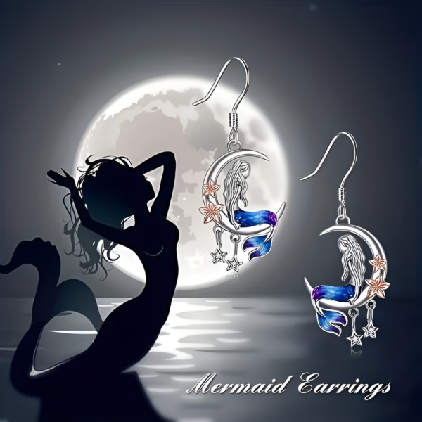 Mermaid Earrings: Cute Silver Dangle with Abalone Shell, Crescent Moon & Star - Hypoallergenic Design, Ideal Gift for Women & Teen Girls - Image 2