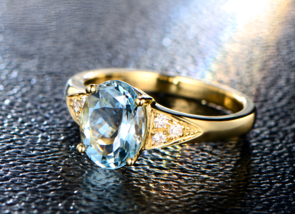 Gemstone Ring: Adjustable Simulated Aquamarine Moissanite Love Ring in 14K Gold Plated Copper - Image 4