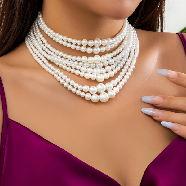 Multi-Layer Pearl Necklace – Retro Choker, Adjustable, Elegant - Image 4