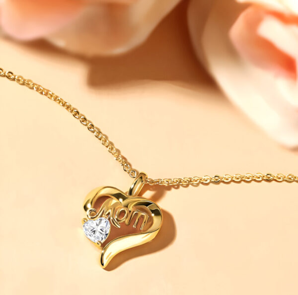 Gold Moissanite Necklace Heart Mom Pendant - Image 4