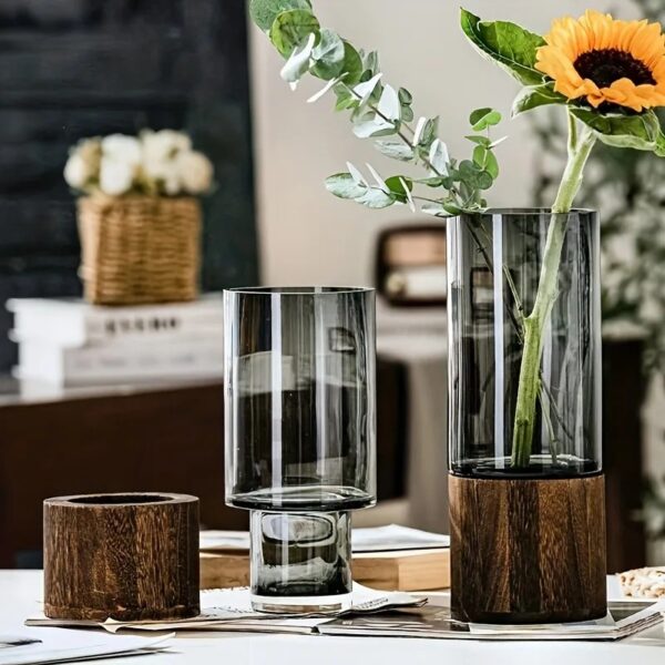 Boho Glass Vase with Wooden Base - Image 2