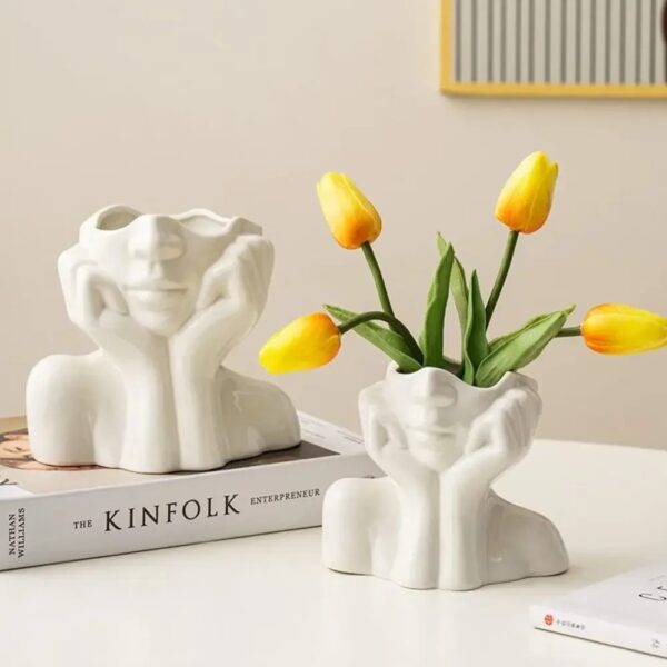 Modern White Ceramic Face Vase - Image 3