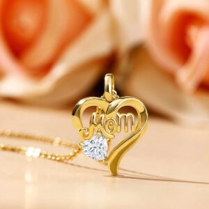 Gold Moissanite Necklace Heart Mom Pendant