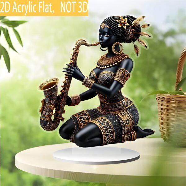 African Lady Figurine with Saxophone – 2D Acrylic Tribal Art Statue - Image 2