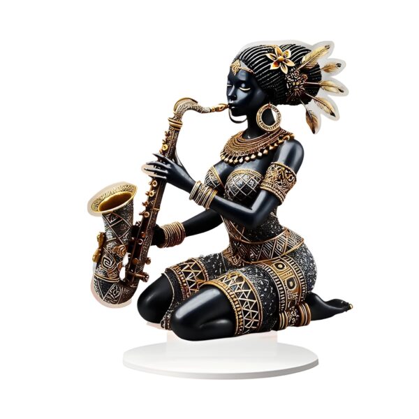 African Lady Figurine with Saxophone – 2D Acrylic Tribal Art Statue - Image 3