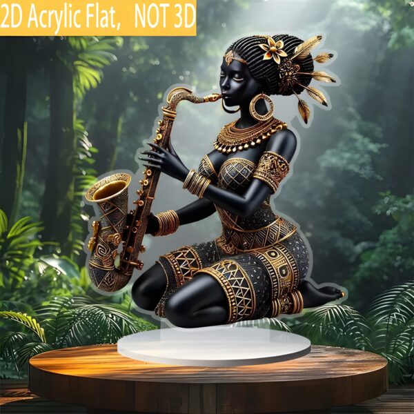 African Lady Figurine with Saxophone – 2D Acrylic Tribal Art Statue - Image 4
