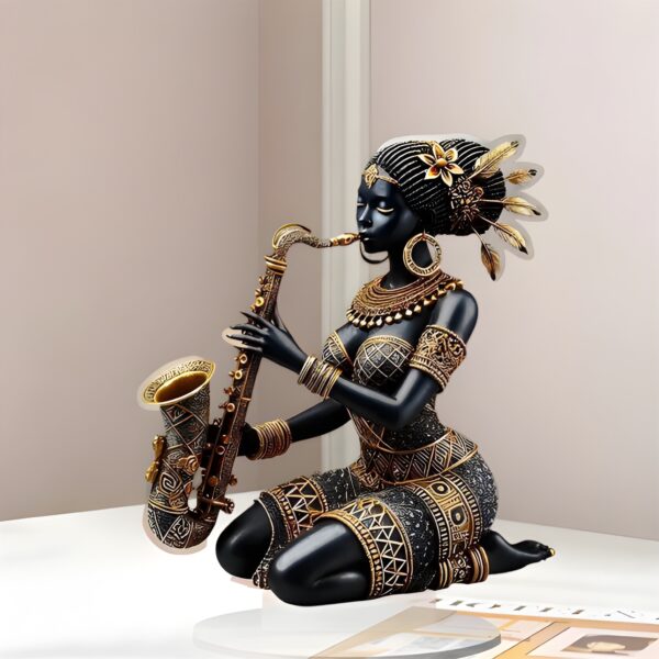 African Lady Figurine with Saxophone – 2D Acrylic Tribal Art Statue - Image 5