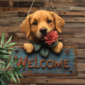 2D Flat Wooden Dog Welcome Sign