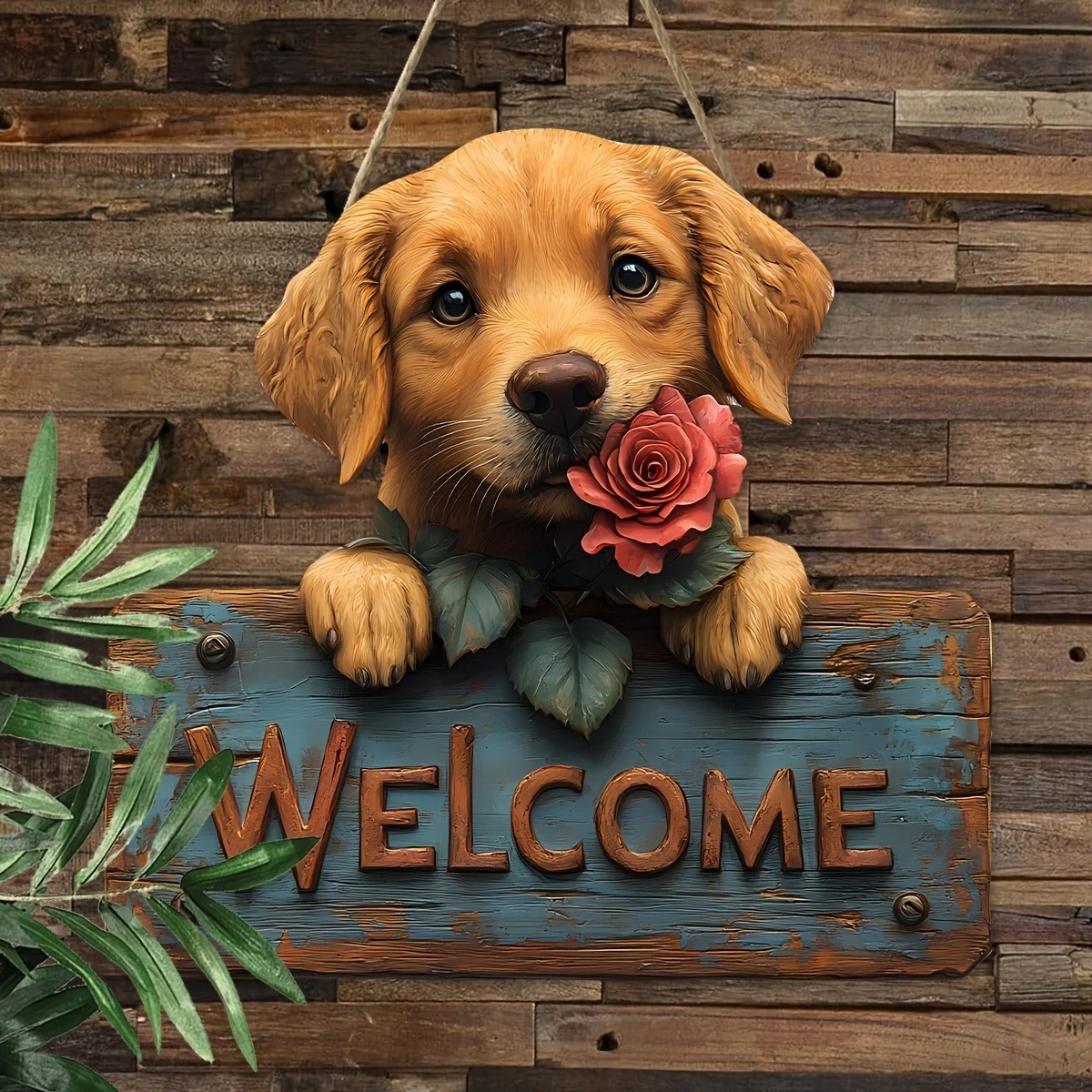 2D Flat Wooden Dog Welcome Sign