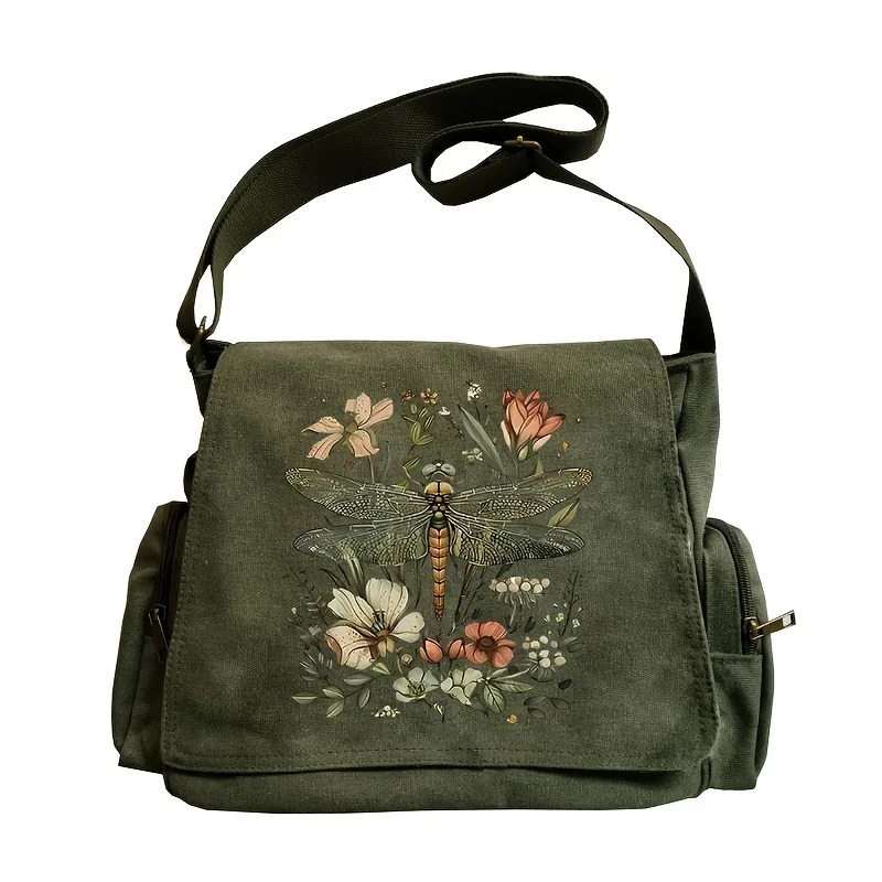 Artistic Dragonfly Print Canvas Shoulder Bag