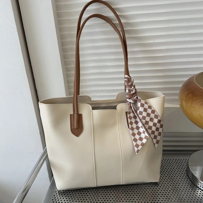 Stylish Faux Leather Tote Shoulder Bag with Checkered Scarf - Image 2