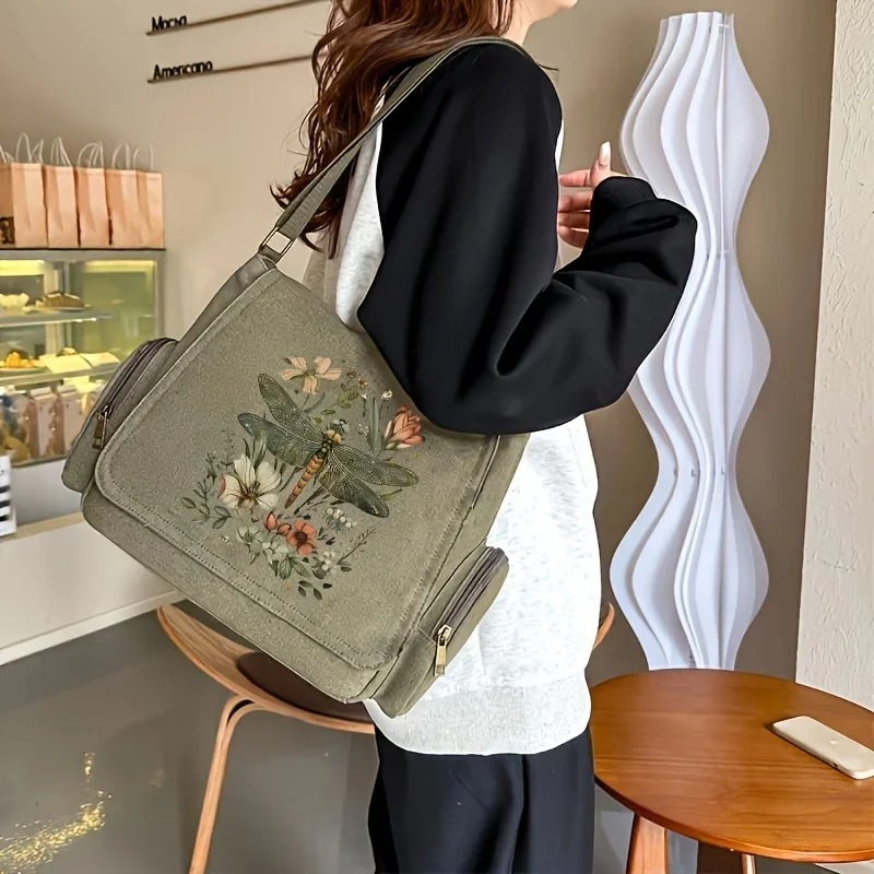 Artistic Dragonfly Print Canvas Shoulder Bag - Image 2