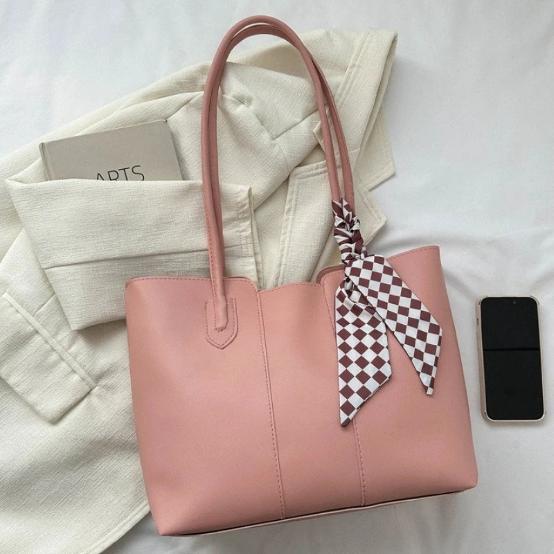 Stylish Faux Leather Tote Shoulder Bag with Checkered Scarf - Image 3