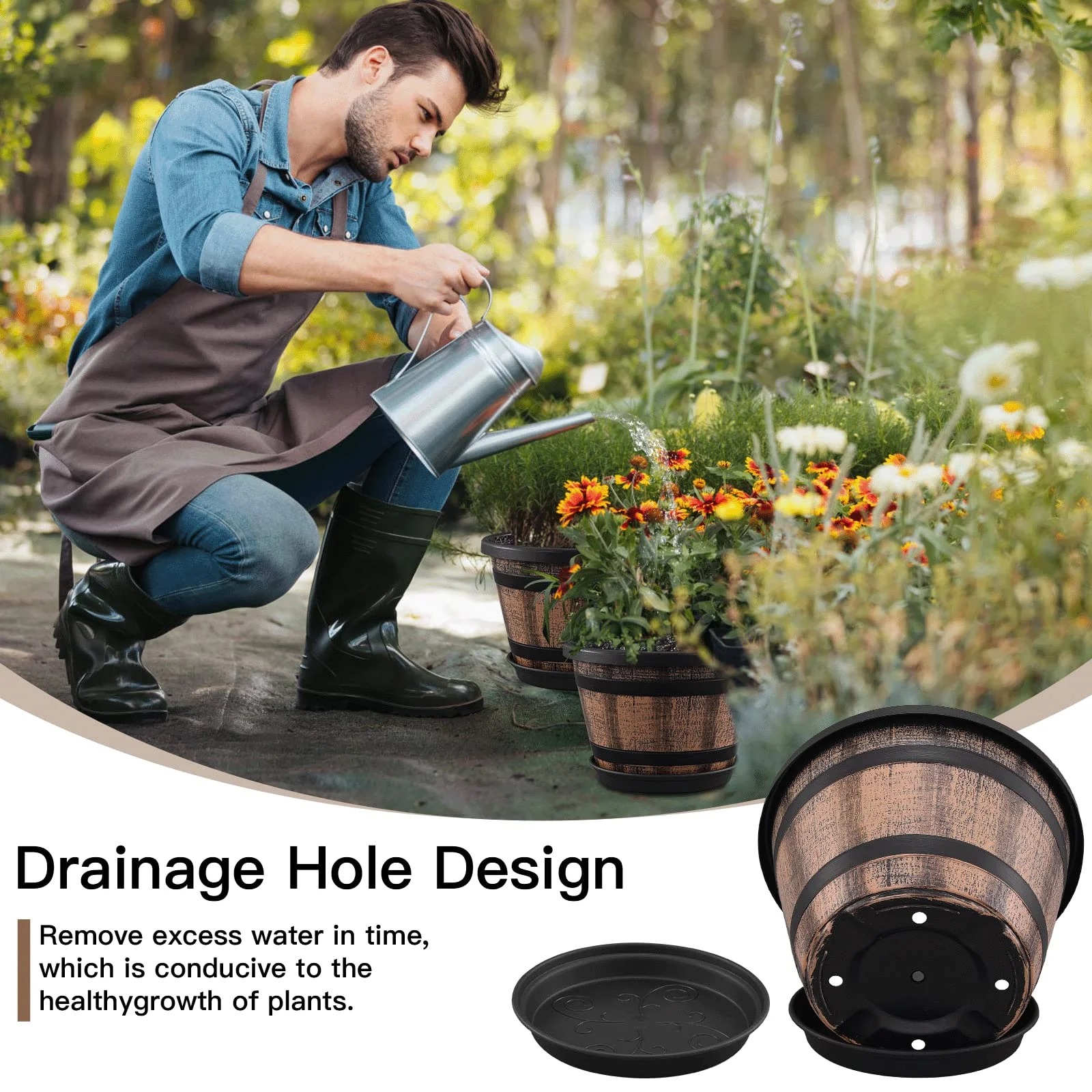 Plant Pots Set of 4 Whiskey Barrel Planters with Drainage & Saucers - Image 3