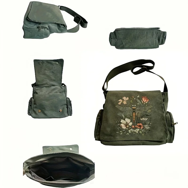 Artistic Dragonfly Print Canvas Shoulder Bag - Image 3