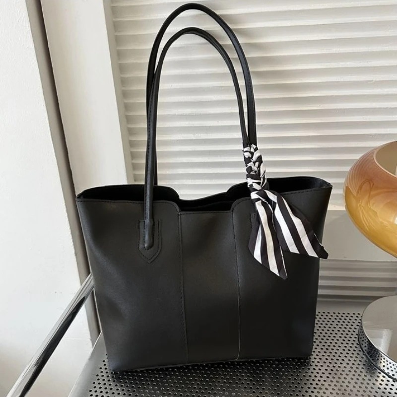 Stylish Faux Leather Tote Shoulder Bag with Checkered Scarf - Image 4