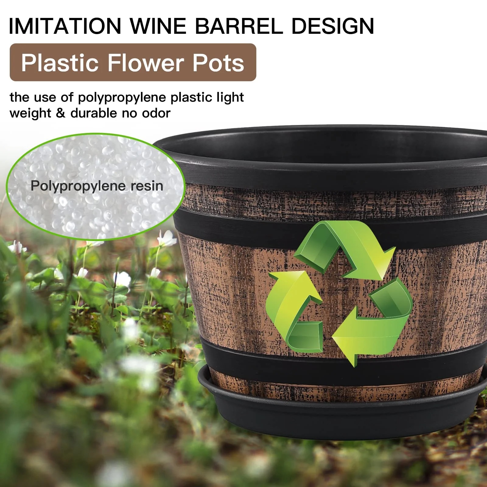 Plant Pots Set of 4 Whiskey Barrel Planters with Drainage & Saucers - Image 4