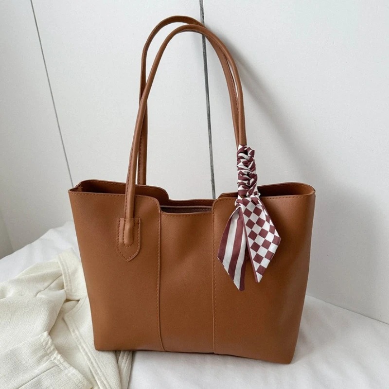 Stylish Faux Leather Tote Shoulder Bag with Checkered Scarf - Image 5