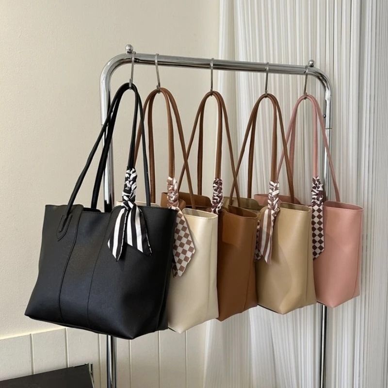 Stylish Faux Leather Tote Shoulder Bag with Checkered Scarf - Image 6